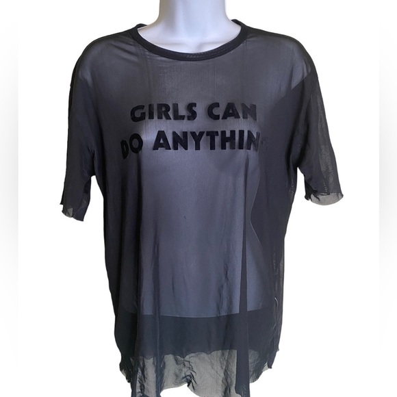 Garage Oversized Sheer Mesh Black Girls can do anything Velvet Spell Out SZ XS - Picture 1 of 10